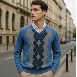 Banana Republic Argyle Sweater Small Silk Cashmere Blend V-Neck Blue Preppy Knit